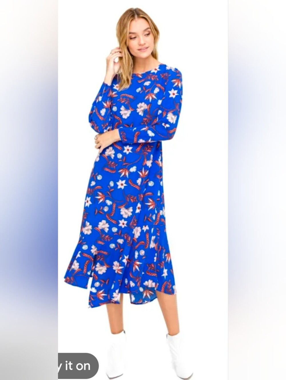 Astr Vibrant Blue Floral Long-Sleeve Midi Dress Size M